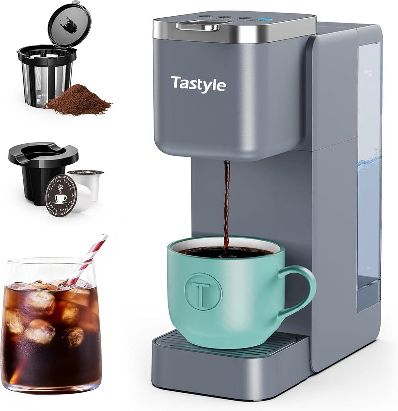 Tastyle Single Serve Coffee Maker, Iced and Hot Coffee Machine for K Cup & Grounds, Compact Design, 40oz Removable Water Reservoir, 6 to 24 Oz Brew Sizes, Fits 7.3" Travel Mug, Gray - Image 1